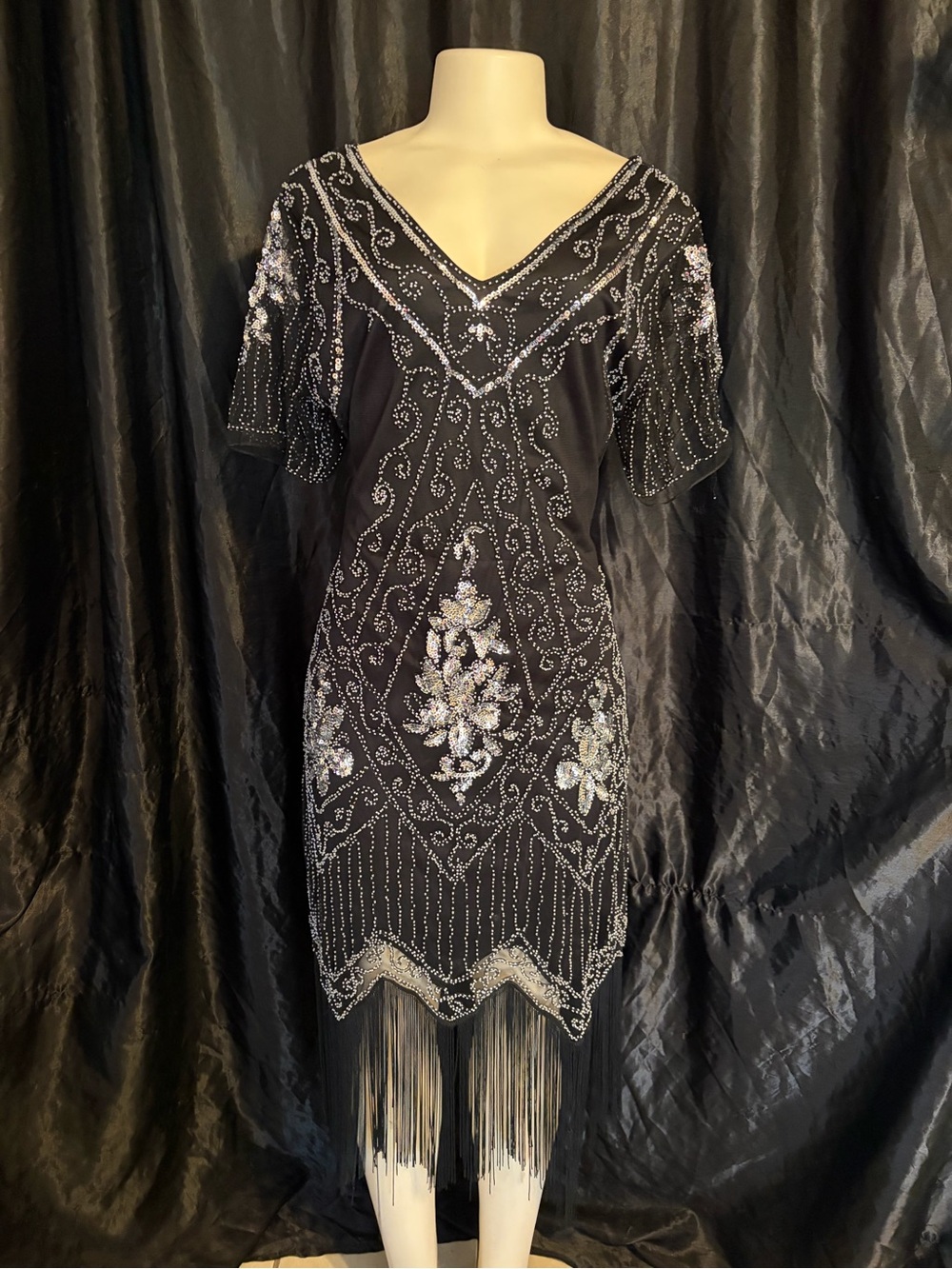 Embellished Black V-Neck Fringe Mini Dress
